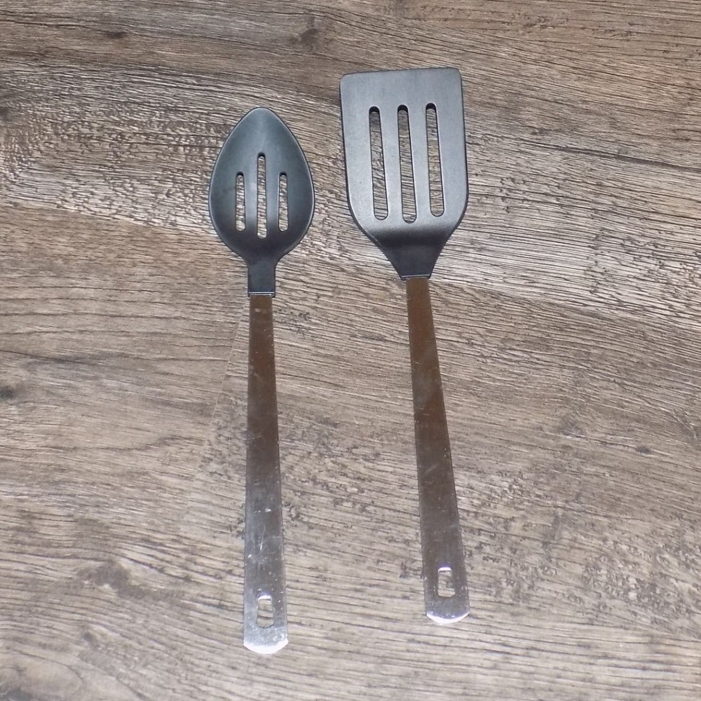 Amco Kitchen Utensil Set‎ Slotted Spoon Spatula Stainless Steel Nylon Black Good